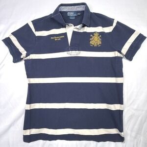 Polo Ralph Lauren Rugby Shirt Mens Navy Cream Stripe Crest Logo Custom Fit L